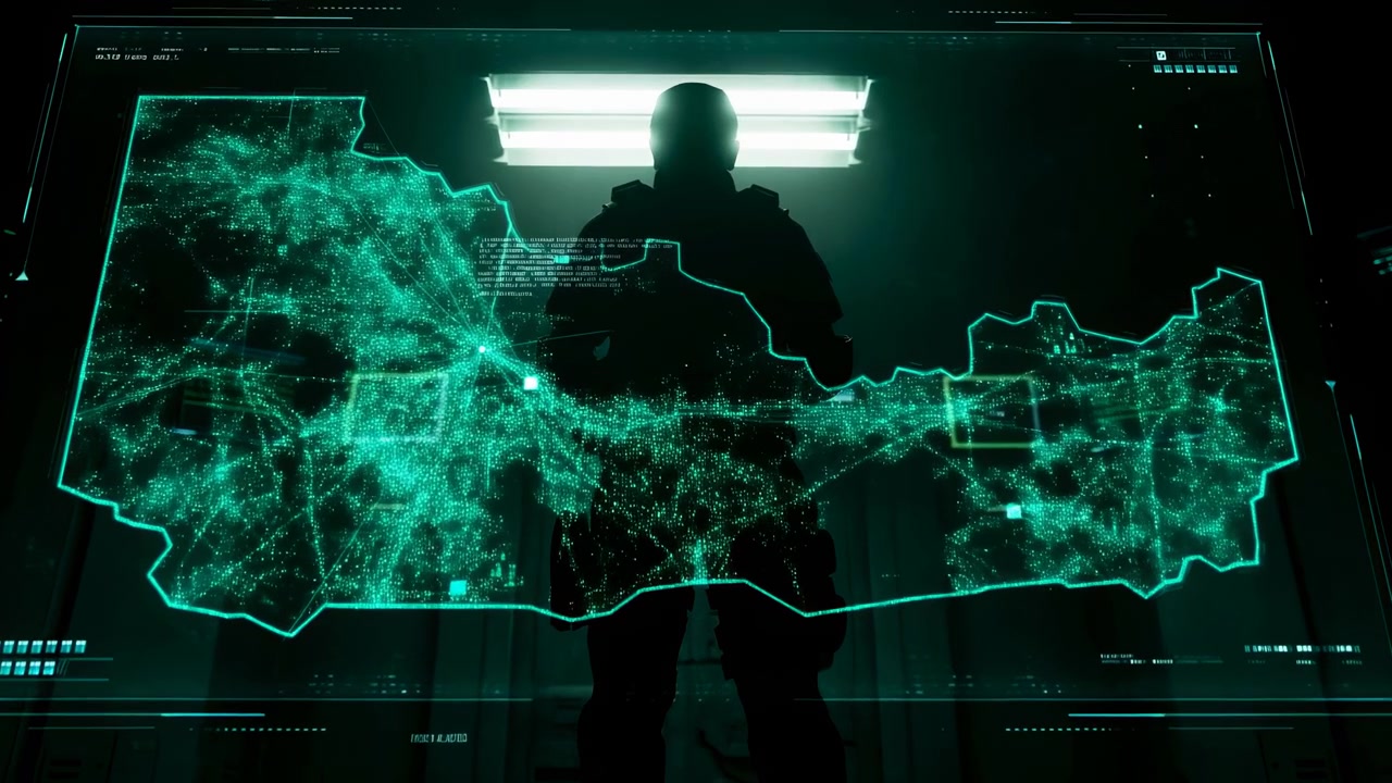 Dark command center scene shows silhouetted tactical operator facing bright transparent wall display with teal map shapes, linked nodes, square targets, and network lines inside moody industrial