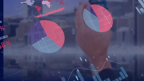 Animation-of-globe-and-statistics-processing-over-cityscape