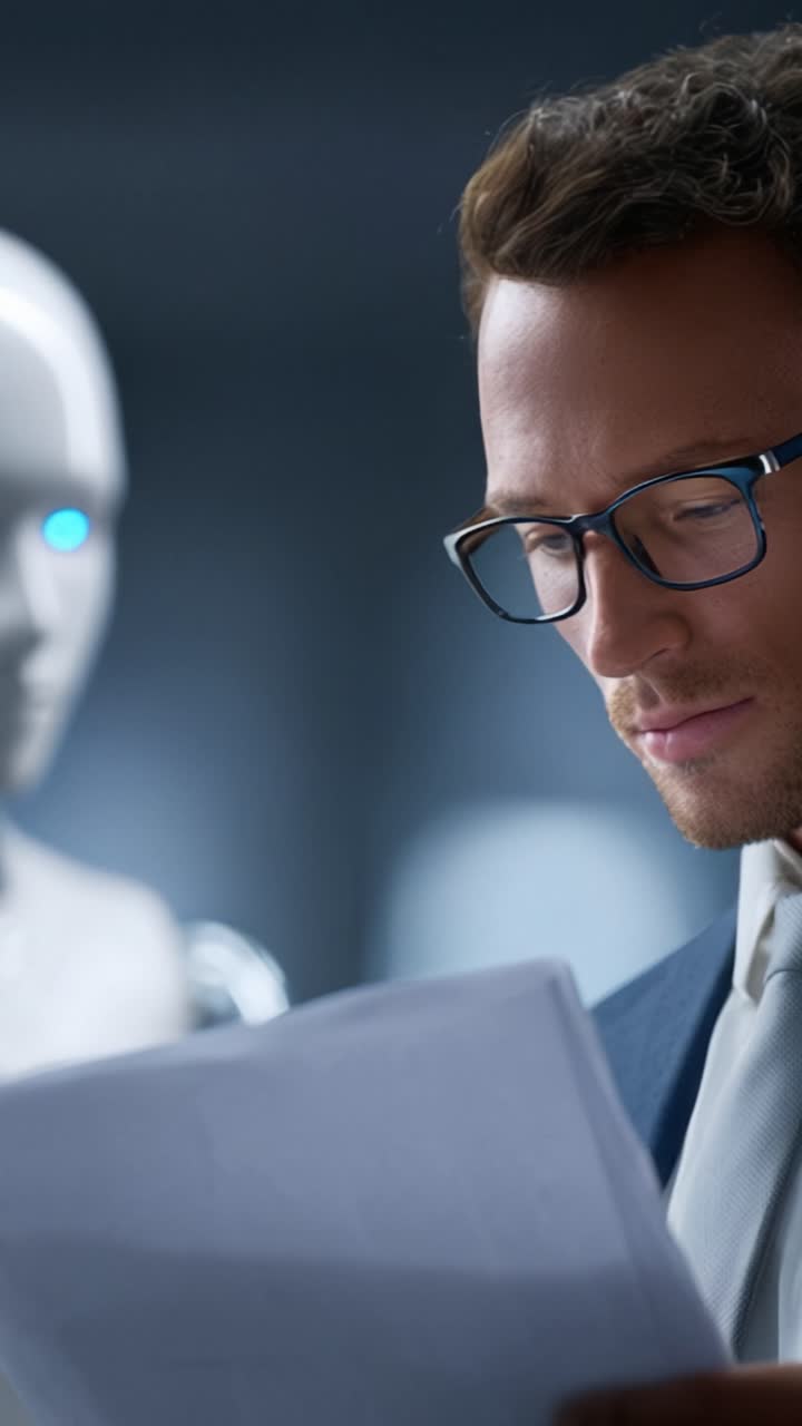 En fokuseret professionel analyserer dokumenter, mens en avanceret humanoid robot observerer i baggrunden, hvilket fremhæver skæringspunktet mellem teknologi og menneskelig intellekt.