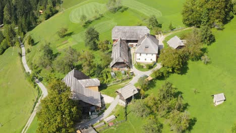 aerial view of a countryside homestead houses in the forest by drone