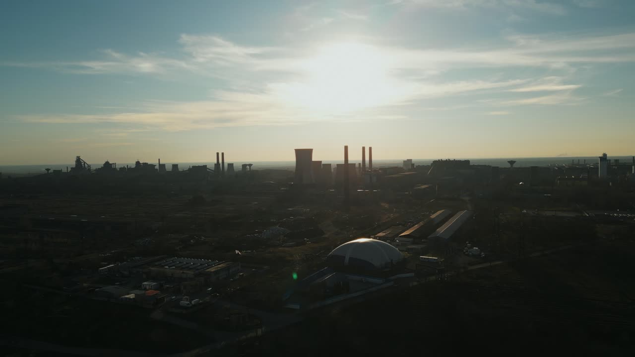 Liberty Galati Steel Plant At Sunrise In Romania - Aerial Shot