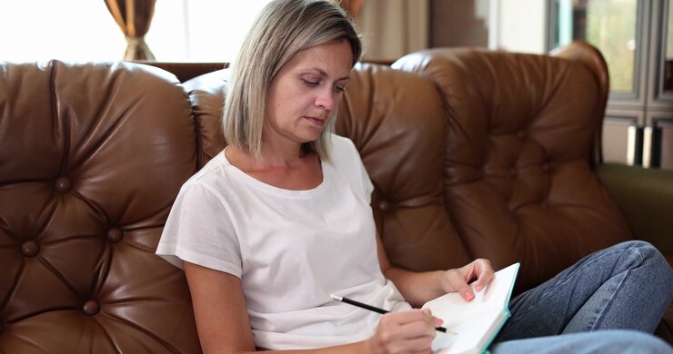 A woman on a leather sofa writes in a diary