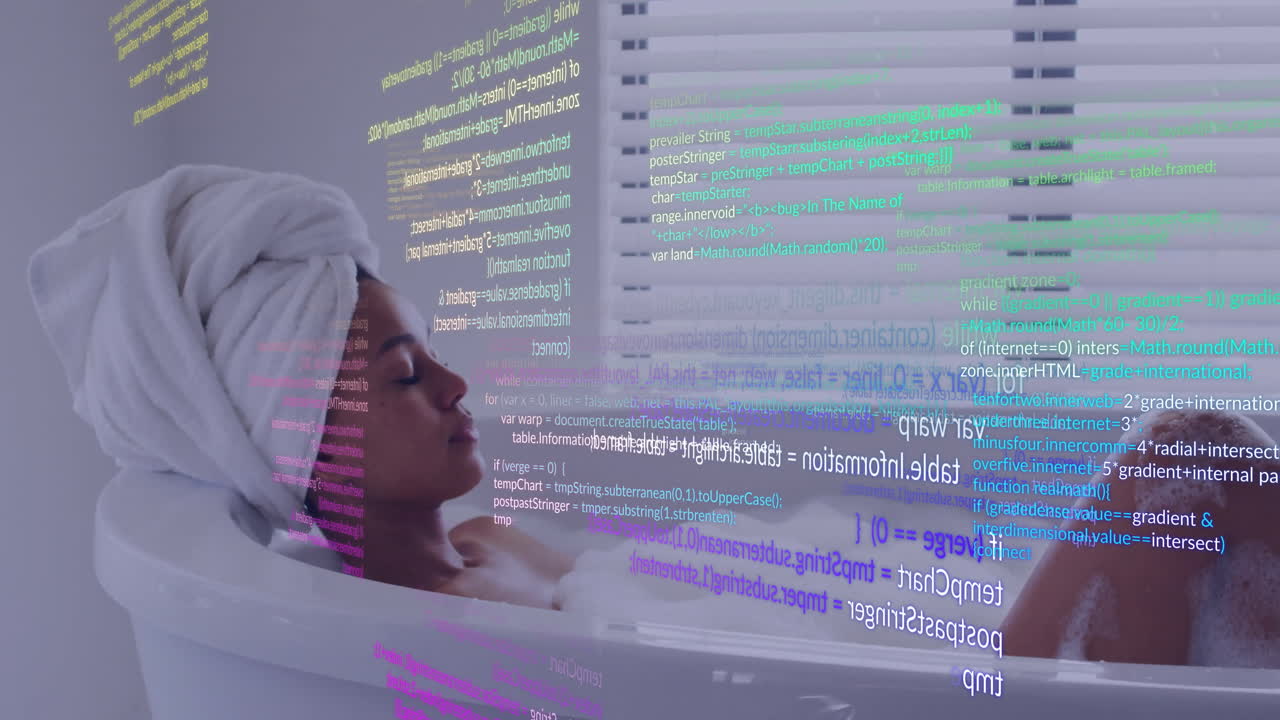 Relaxing in bathtub, woman watching animation of colorful coding text