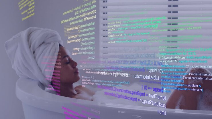 Relaxing in bathtub, woman watching animation of colorful coding text
