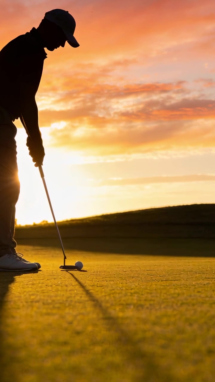 Vertical video: Aiming golfer in cap placing putter on turf making stroke to sink ball, copy space
