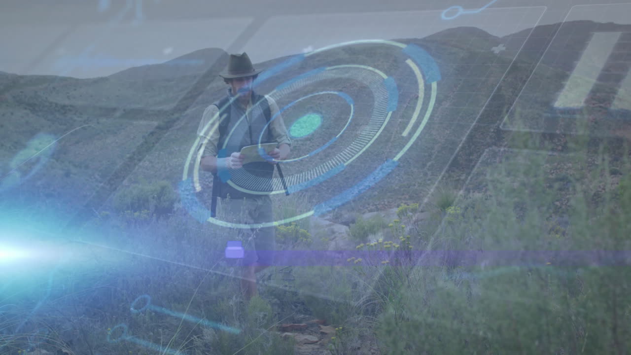 Male hiker reading tablet on outdoor trail, exploring technology with floating holographic graphics