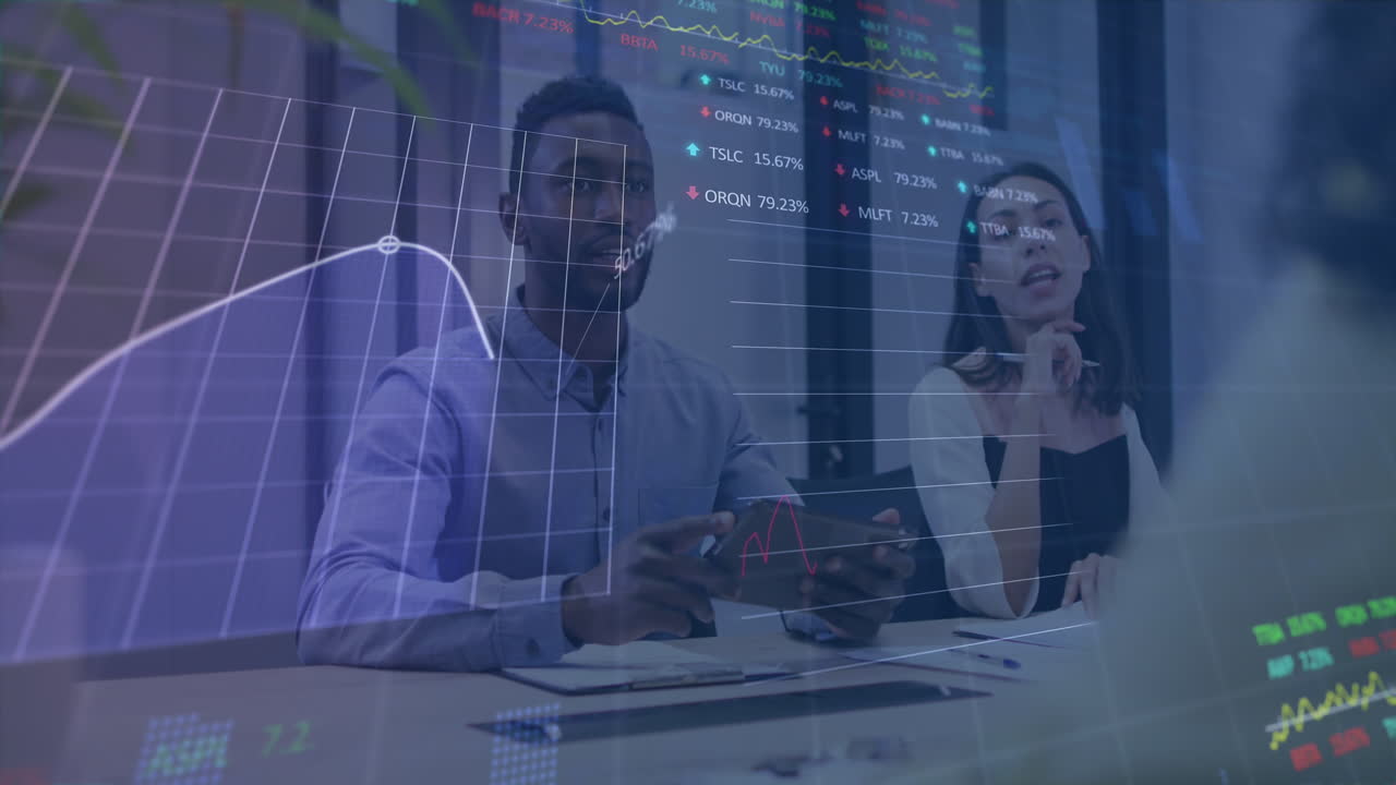 Animation of financial data processing over diverse people in office