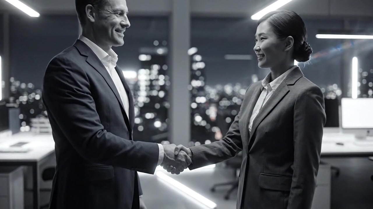 Two professionals in a modern office engaged in a meaningful conversation, surrounded by a sleek urban skyline at night, depicting a moment of collaboration and focus.