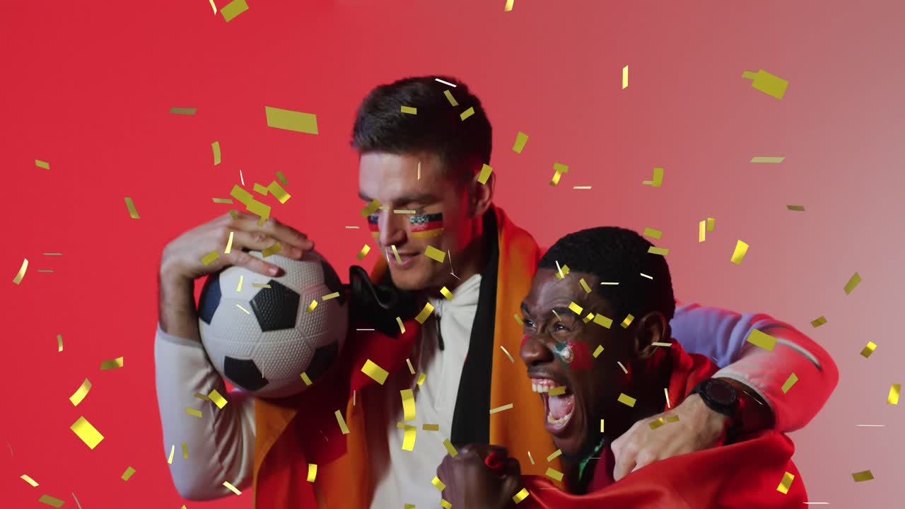 animación de diversos partidarios masculinos con banderas de portugal y alemania sobre confeti