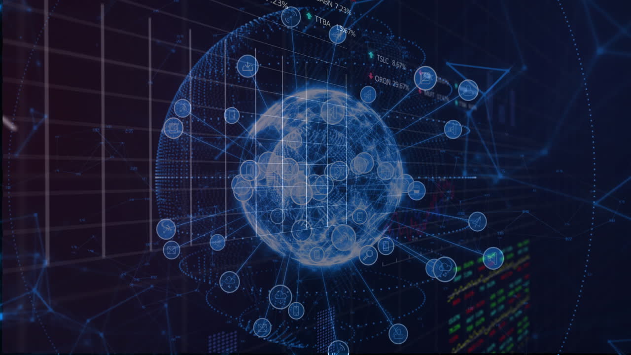 Animating global network connections and data processing over financial market charts