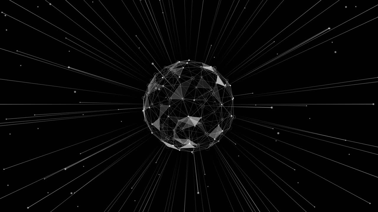 Animazione astratta di una sfera a plesso luminoso di linee e punti interconnessi che irradia flussi di