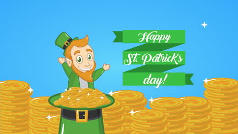 st patricks day animated card with elf and coins hat