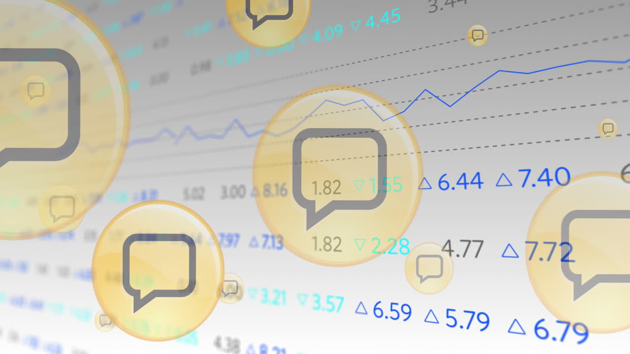 백색 배경 위의 원과 거래 보드에 있는 메시지 상자 아이콘의 애니메이션