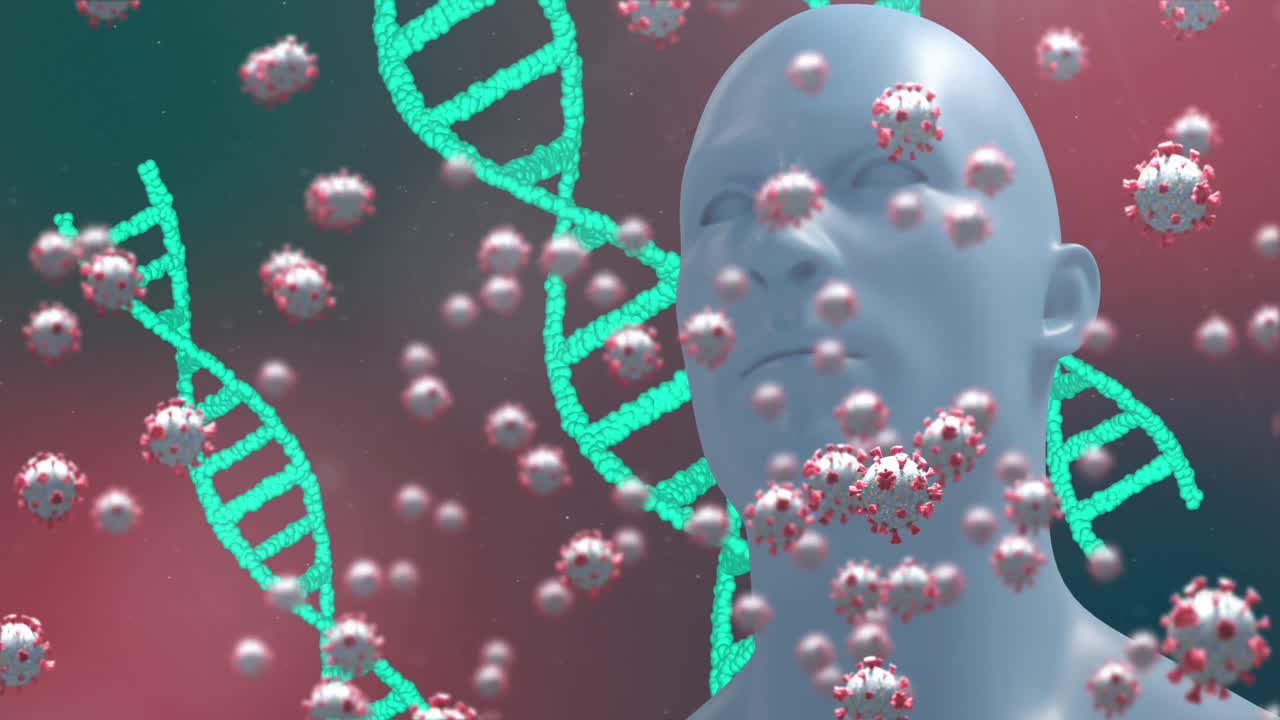 검은 바탕에 인간의 머리와 바이러스 세포가 있는 dna 가닥의 애니메이션