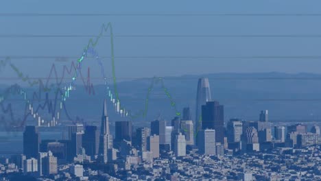 animation of statistics and financial data processing over cityscape on blue background