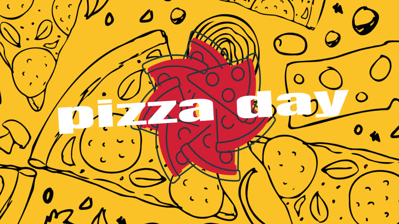 노란색 배경에 피자 날 텍스트와 피자 그림의 애니메이션