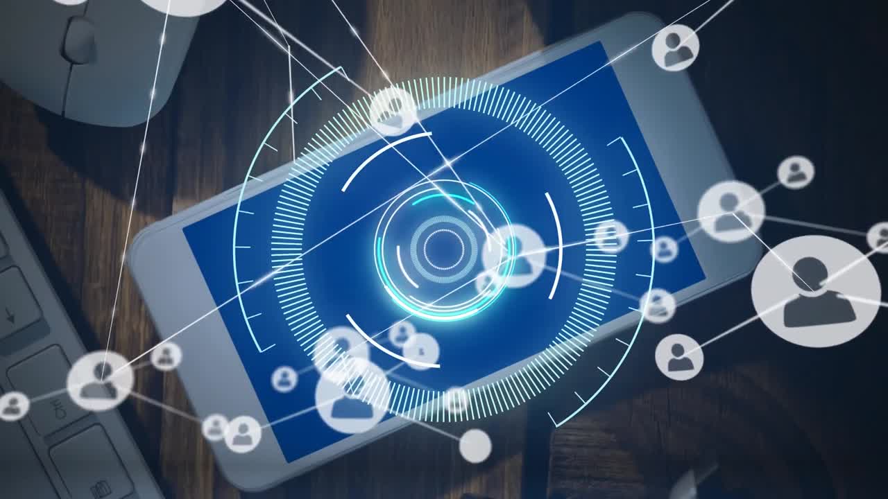 animación de la red de conexiones con iconos y escaneo de alcance a través de un teléfono inteligente