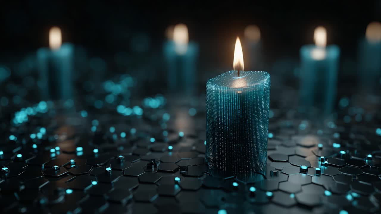 Illuminated Candles on a Futuristic Hexagonal Surface: A Captivating Blend of Light and Technology in a Dark Setting