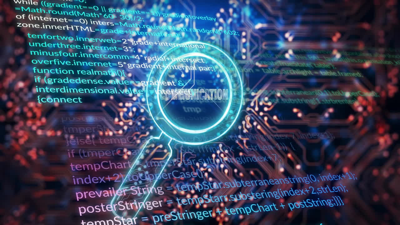 Magnifying glass highlighting animation over digital code in tech-themed background