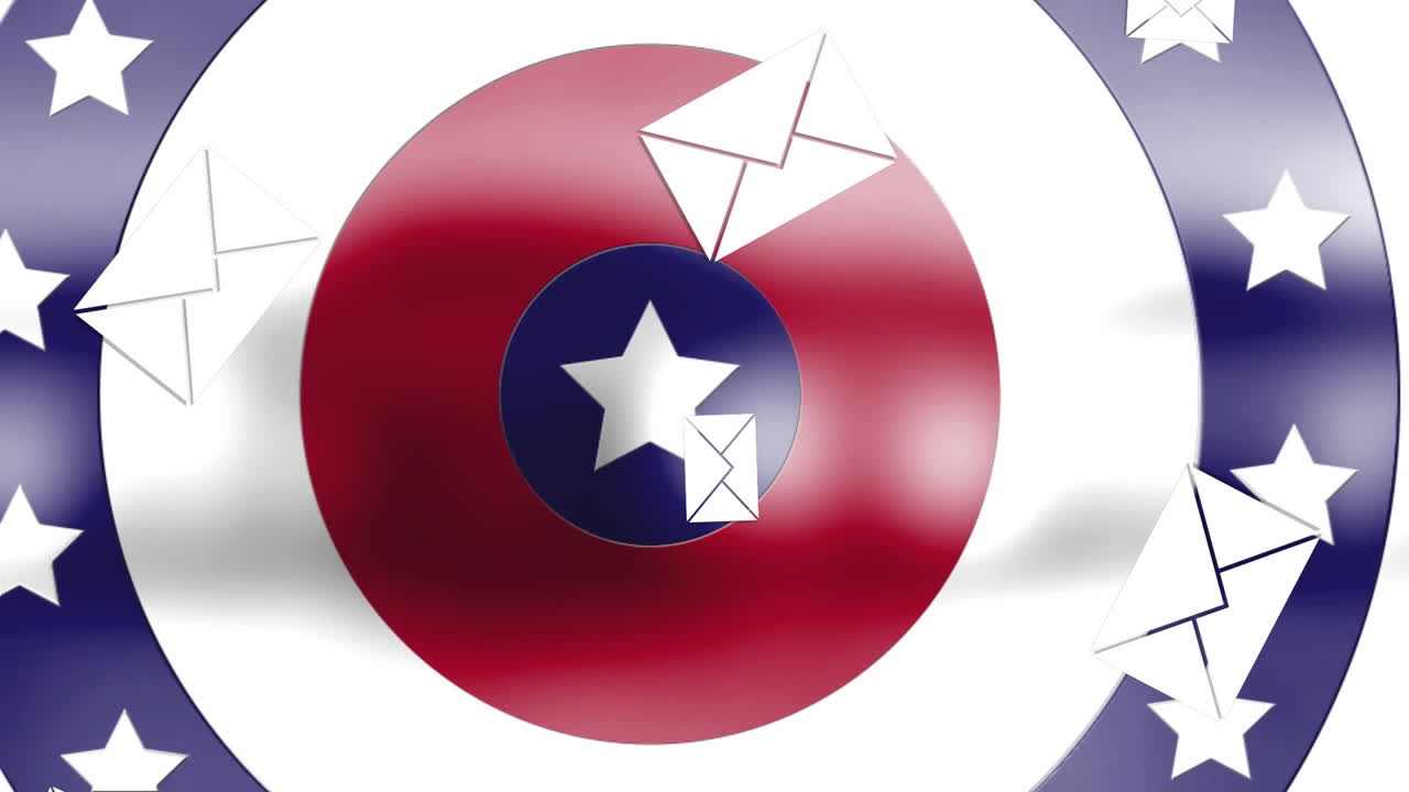 회전하는 원에 있는 별에 맞춰 떨어지는 메시지 아이콘의 디지털 애니메이션