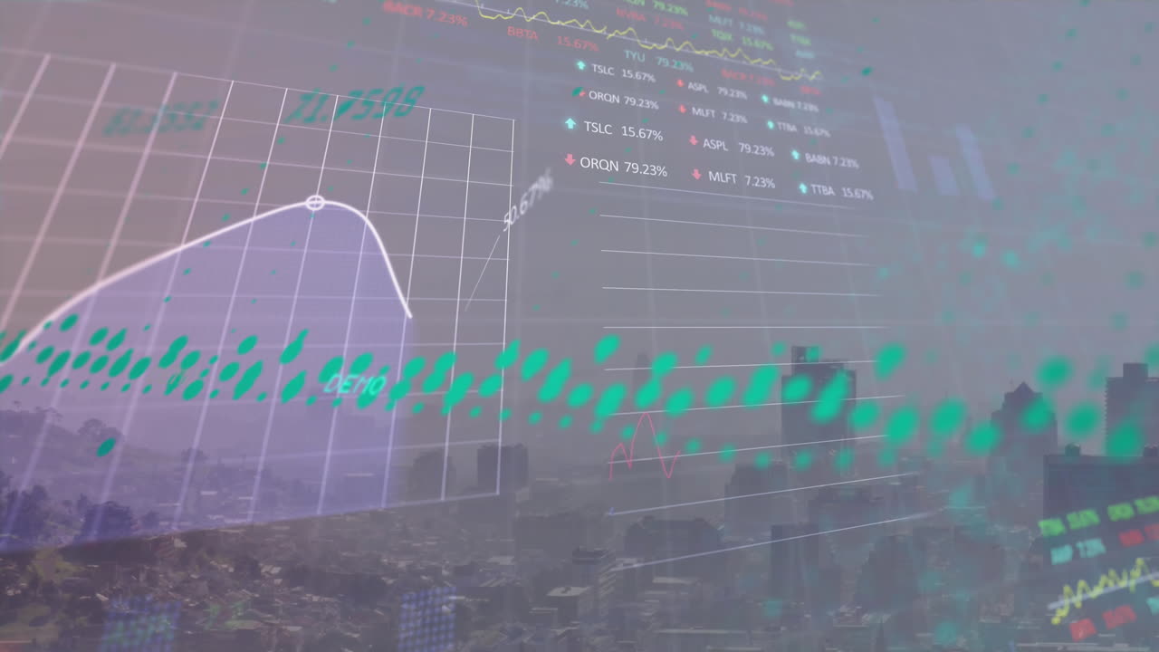 animación del procesamiento de datos estadísticos y bursátiles frente a una vista aérea del paisaje urbano
