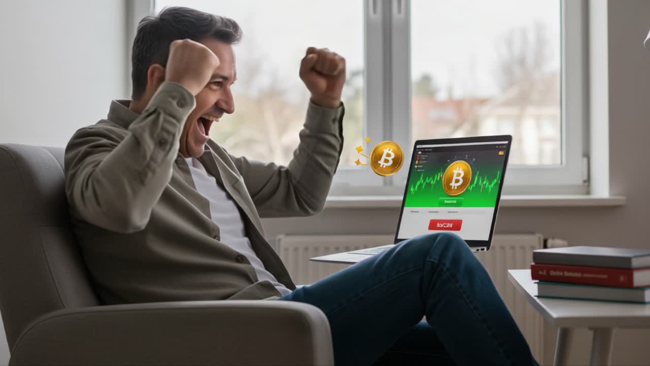 Excited Individual Celebrating Success While Viewing Rising Cryptocurrency Values on Laptop, Enjoying Financial Gains and Positive Trends in Bitcoin Market