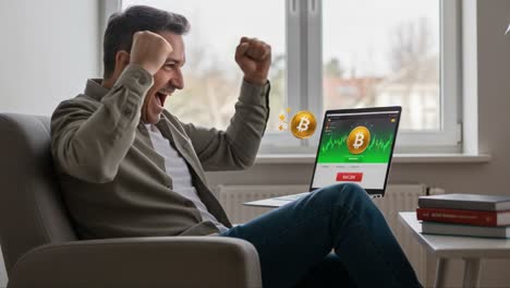 excited individual celebrating success while viewing rising cryptocurrency values on laptop, enjoying financial gains and positive trends in bitcoin market