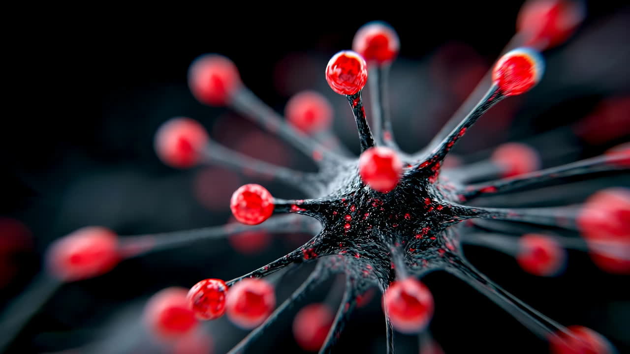 Virus close-up with red spikes. This detailed view shows a virus with red spikes against a dark background, illustrating its complex design
