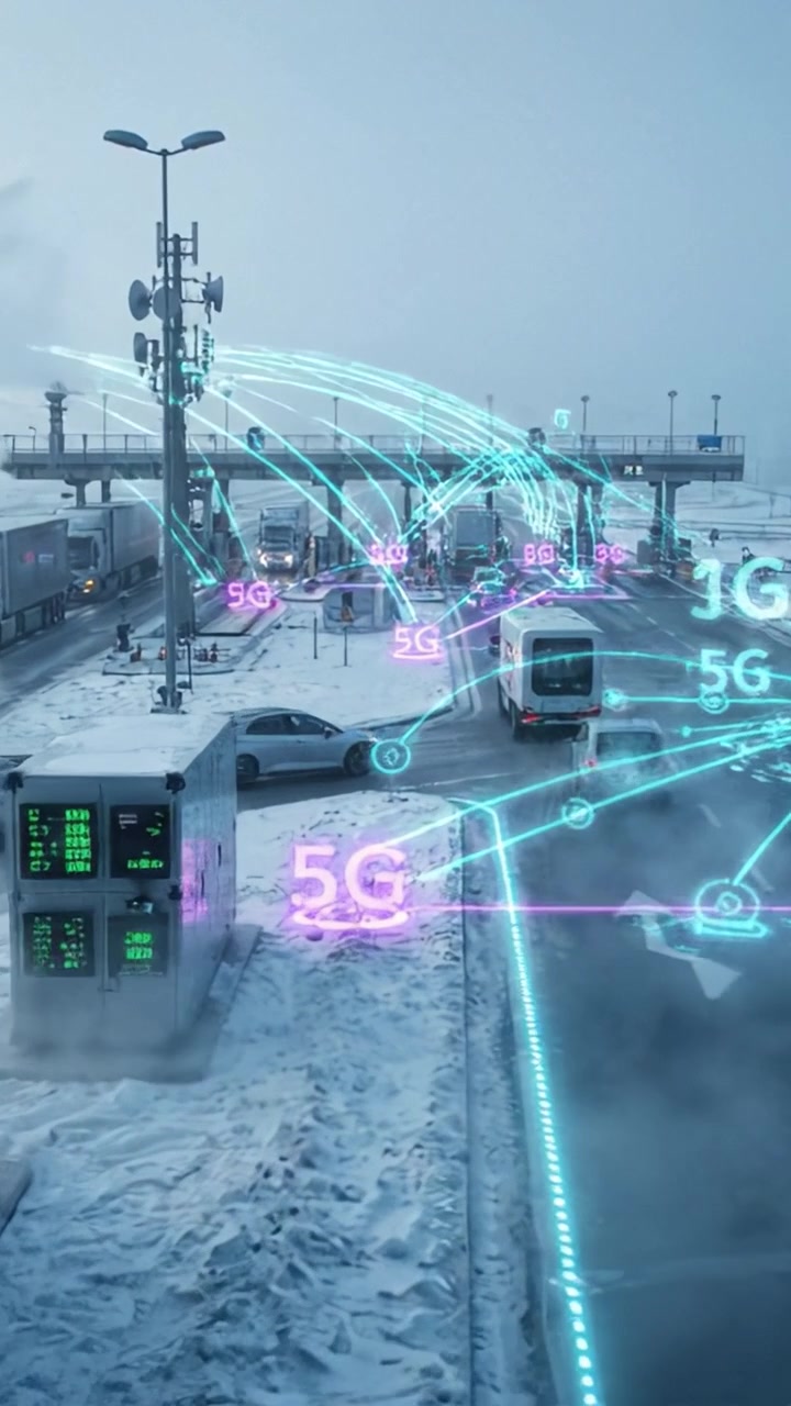 A futuristic urban landscape featuring advanced connectivity, showcasing 5G technology impacts on traffic management and transportation with snowy conditions and digital elements.