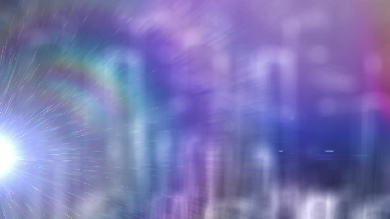 animación digital del punto de luz parpadeante y el destello del arco iris contra un fondo púrpura