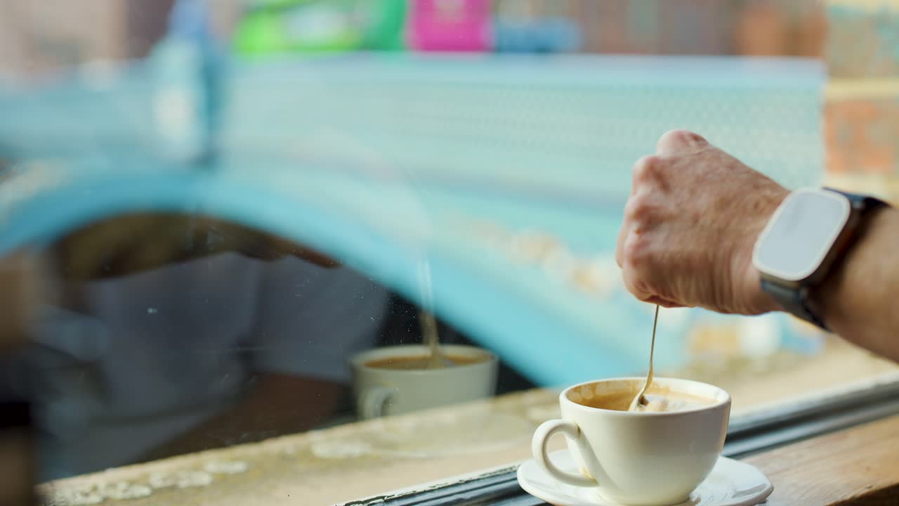 Hand stirs coffee in white cup by window, urban bridge outside, natural daylight, close-up