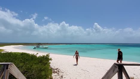 woman and man walking slowly approaching together on white sand beach behind ocean