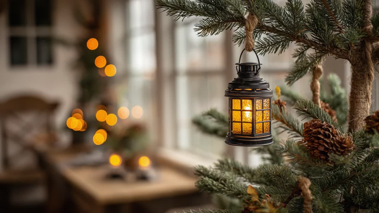 A Warm Holiday Ambiance Captured: A Beautiful Lantern Hanging from a Pine Tree, Illuminating the Cozy Atmosphere of a Seasonally Decorated Room with Soft Glowing Lights