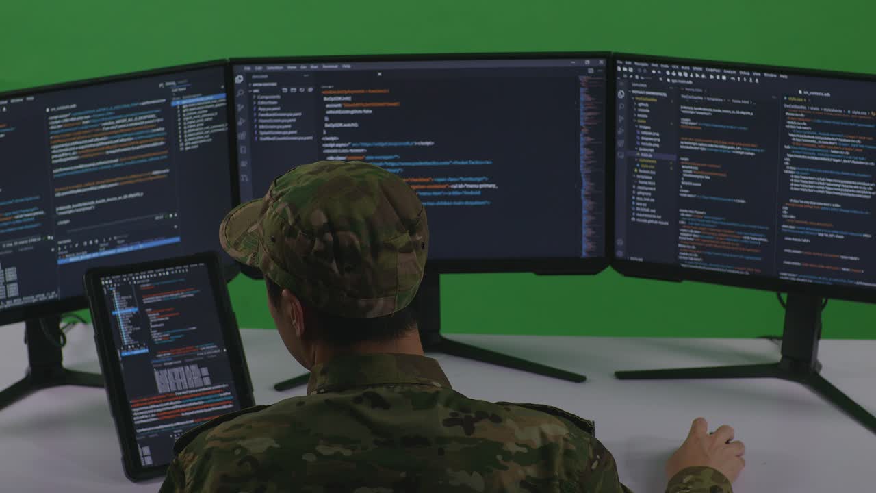 Back View Of Asian Man Soldier Developer Working With Tablet While Write Code With Multiple Computer Screens In Green Screen Studio