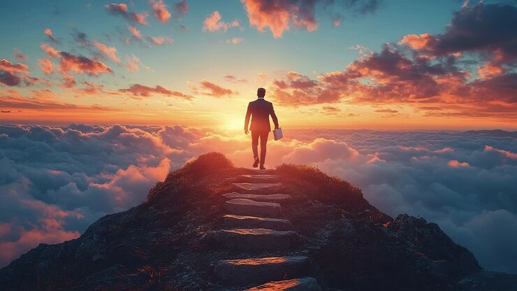 Conquering dawn on a peak. A businessman walks uphill on a stone path, carrying a briefcase, as sunrise breaks over the clouds.