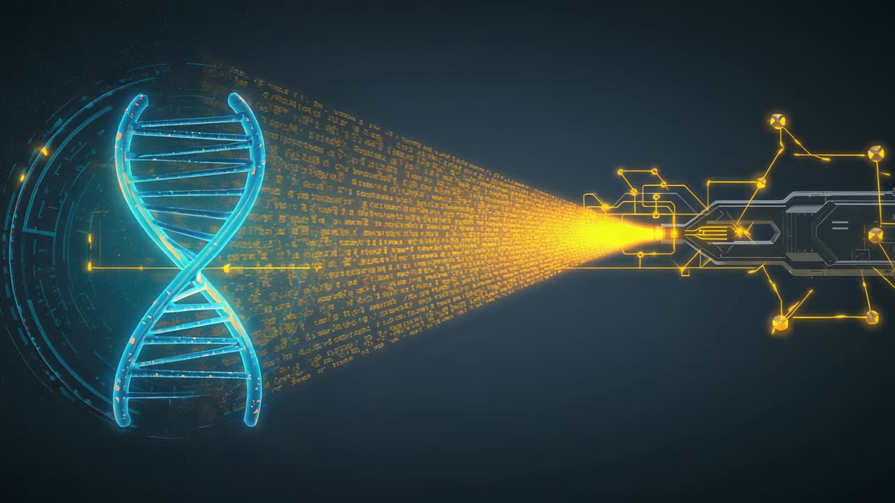 Activating connector sending golden data beam into cyan DNA helix in dark tech corridor, copy space