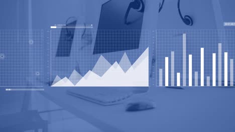 animación del procesamiento de datos financieros a través de computadoras en escritorios en la oficina