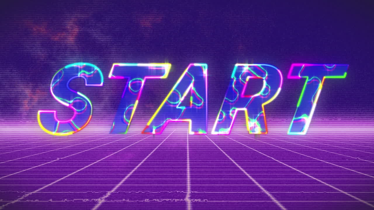 animación del texto de inicio sobre el fondo de la cuadrícula de neón