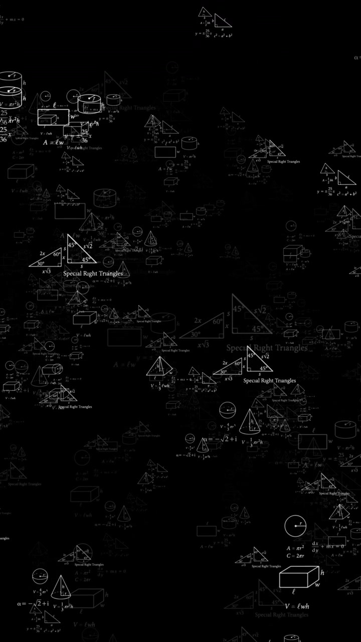 Grafici matematici educativi scuri, formule fluttuanti, forme geometriche, segni di gesso bianco e sfondo accademico nero