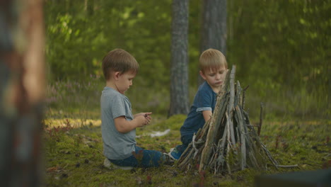 two boys put sticks in a fire in the woods during a hike. boys in the woods prepare to light a fire and put sticks together