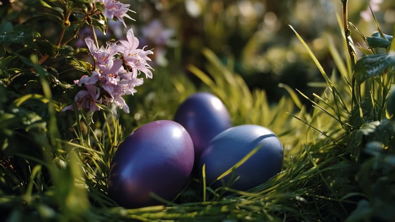 Purple eggs glow softly in lush green grass. Soft light dances over delicate wildflowers nearby. Hidden bird watches from behind tall blades. Easter celebration hints at spring's gentle magic