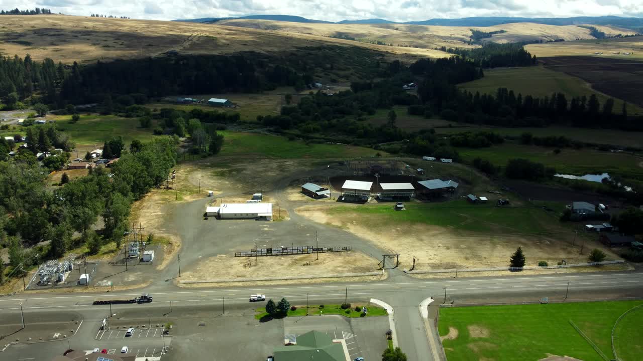 US, Oregon, Elgin, 2025-08-07 - Drone view of the Elgin Stampede Grounds where the rodeo is held
