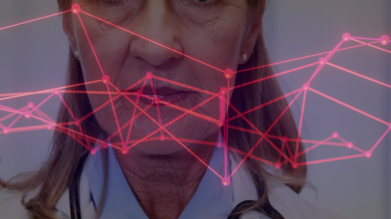 Senior doctor analyzing medical network in clinic, with glowing nodes around stethoscope