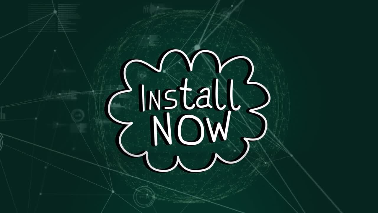 Animation of install now text over network of connections