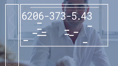 Animation-of-graph,-changing-numbers,-loading-bar,-caucasian-coworkers-shaking-hands-in-office