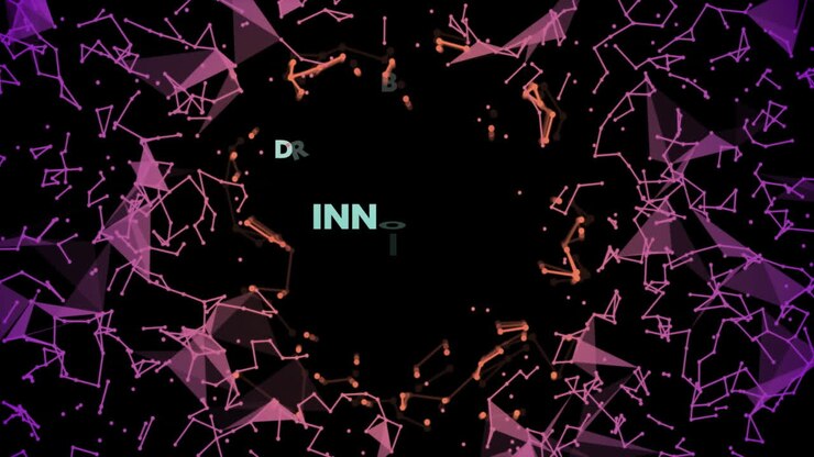 Nuvola di parole centrale che mostra l'innovazione fluttuare in un design piatto con forme di rete viola magenta.