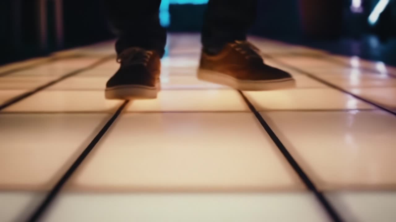 Exploring a Vibrant Dance Floor: The Journey of Movement Across a Colorful Lighted Path Captured in Two Distinct Frames