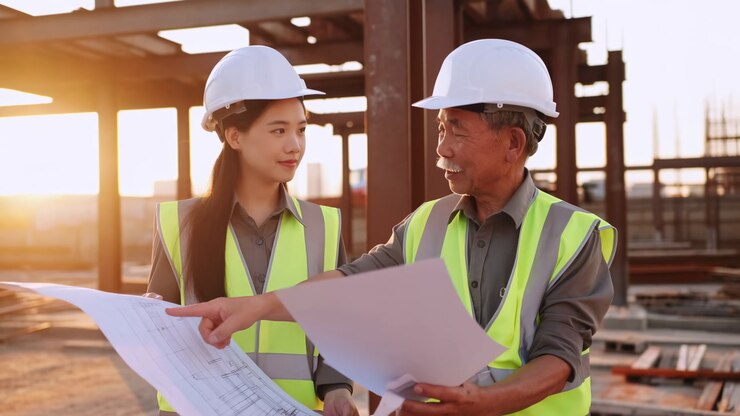 Construction Engineers Reviewing Blueprints At Sunset On Site, Young Woman And Older Man In Hard Hats