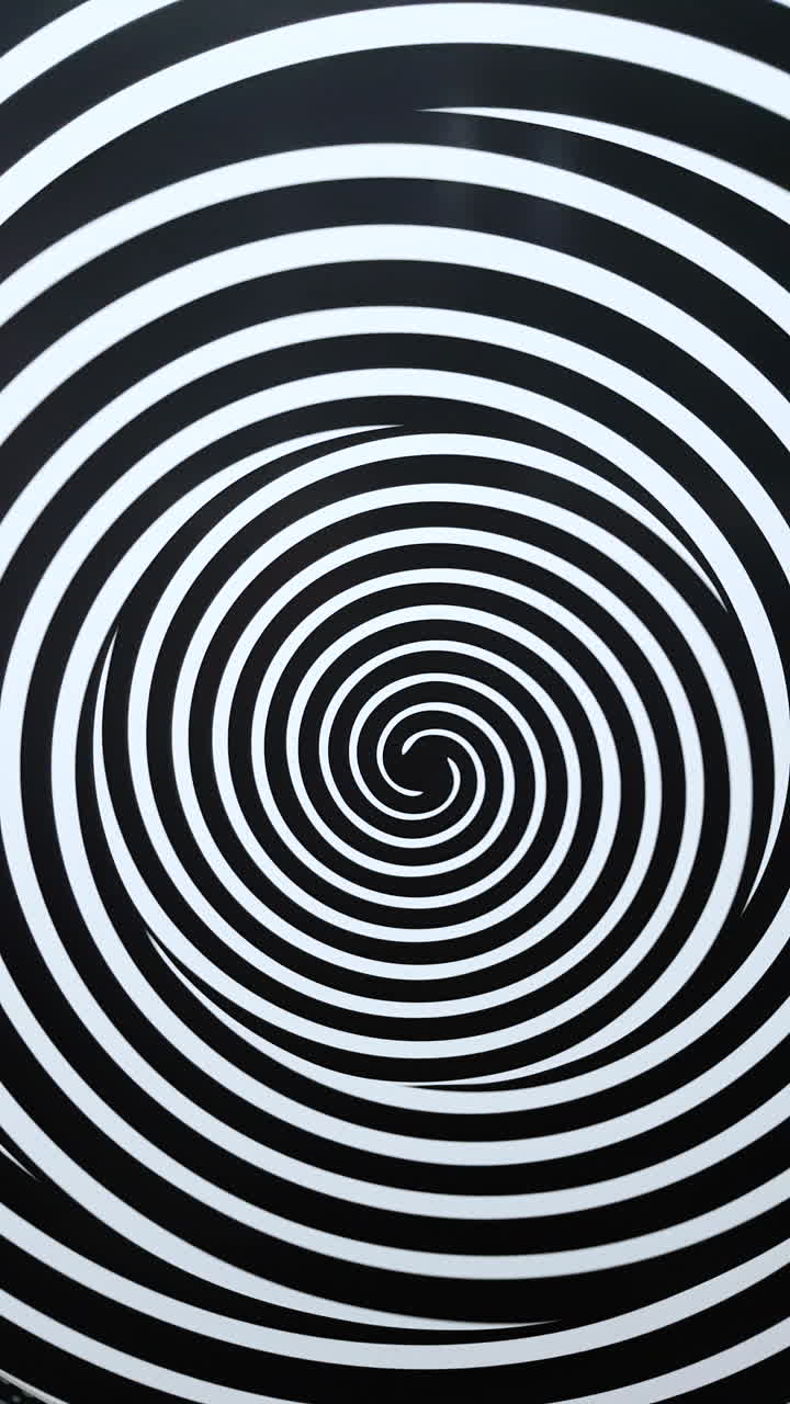 video vertical, círculos psicodélicos, vórtice giratorio en blanco y negro, hipnosis concepto de vértigo