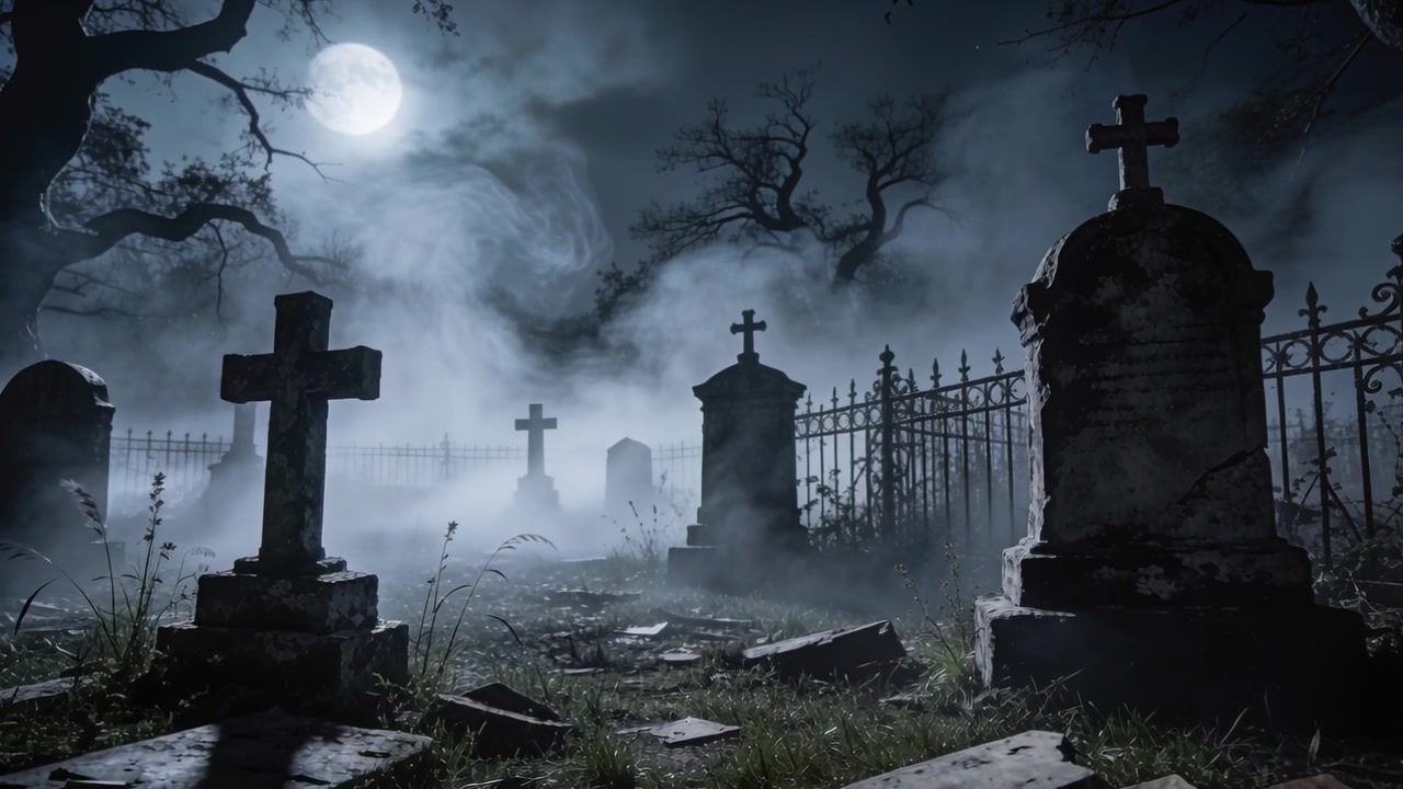 Nebbia che si dirada e nuvole passeggere rivelano lapidi illuminate dalla luna piena in un cimitero, mostrando una recinzione in ferro.